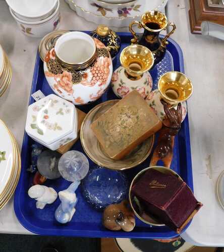 Various china and effects, Royal Crown Derby vase, Wedgwood Wild Strawberry lidded vase,...
