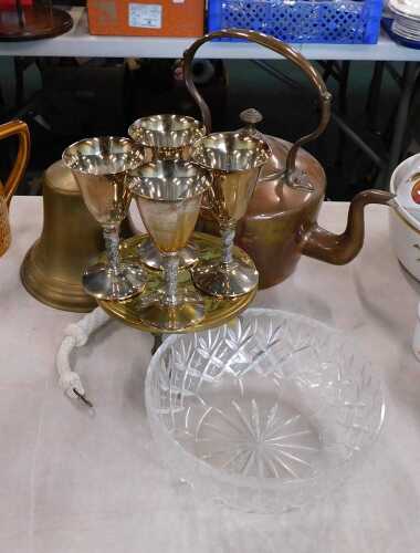 Various metalware, etc., copper kettle, brass bell, goblets, cut glass bowl, etc. (a quantity)
