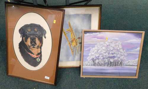 Laura Farmer (20thC). Rottweiler portrait, mixed media, prints, pictures, etc. (3)