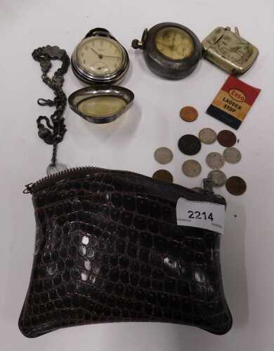 Various metalware, etc., plated vesta case, Westclox pocket watch, a further Limit pocket watch....