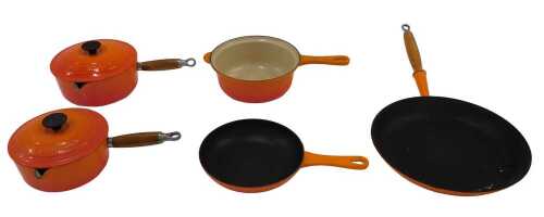 Various Le Creuset pans, to include frying pan, 48cm long, lidded saucepan, open pans, etc. (a...