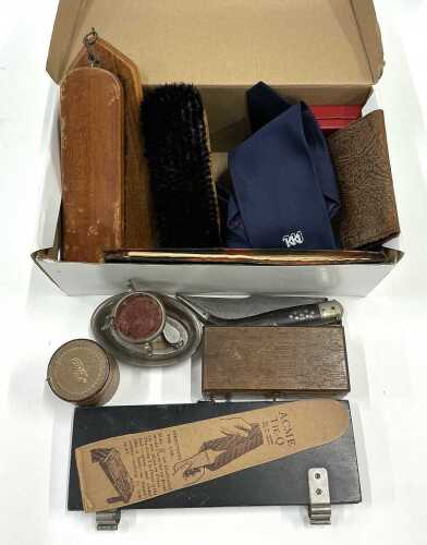 Various gentleman's grooming items, chrome plated watch stand, brushes, etc. (1 box)