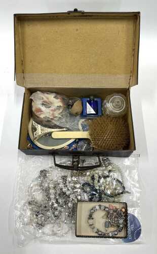 Various costume jewellery and effects, beads, marcasite style and other brooches, various other...