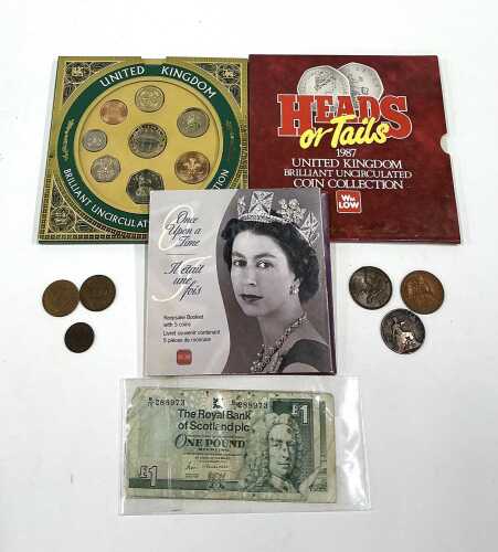 Various coins, banknotes, etc., a Heads or Tails United Kingdom Coin Collection set, another...