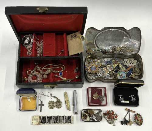Various costume jewellery and effects, costume brooches, jewellery box containing various...