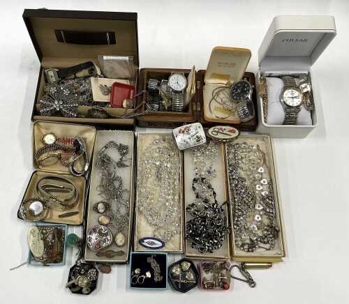 Various costume jewellery and effects, necklaces, bracelets, jewellery box containing various...