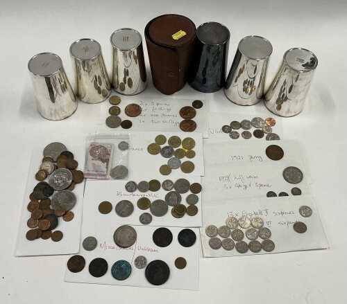 Various coins, cased set of flasks, banknotes, a George III 1811 silver crown, etc. (one tray)