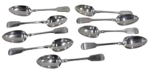 A set of nine William IV Irish silver table spoons, plain Fiddle pattern, by Philip Weekes,...