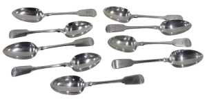 A set of nine William IV Irish silver table spoons, plain Fiddle pattern, by Philip Weekes,...