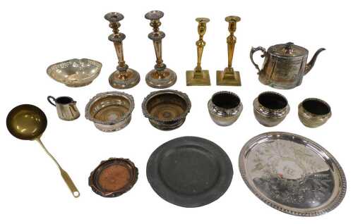 Various silver plated ware, etc., a pair of Old Sheffield plate candlesticks, each on turned...