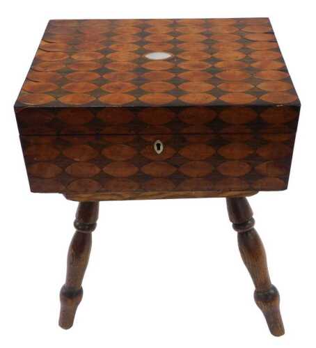 A principally 19thC sewing box, parquetry inlaid attached to an elm stool, with fitted interior,...