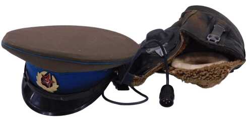 A vintage military leather flying helmet or aviator cap, with wool lining, chin strap and wiring,...