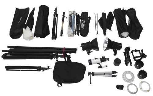 Various camera equipment, lights, etc., two Interfit EX150 lights, 21cm high, various tripods,...