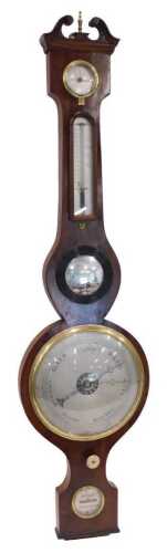 A 19thC mahogany five dial wheel barometer, with brass finial, broken swan neck pedimented case,...