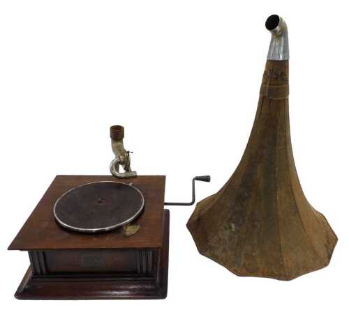 A 20thC HMV oak gramophone, with chrome arm and tin horn, with articulated chrome baize lined...
