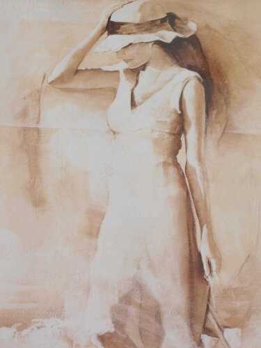 A 20thC pine frame, 91cm x 68cm, containing a print of a lady holding hat.