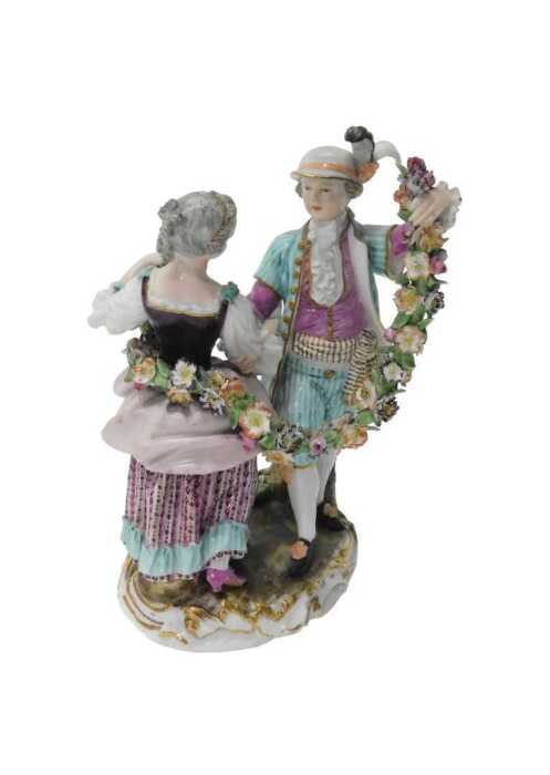 A late 19th/early 20thC Meissen porcelain figure group, of a male and female dancing, holding a...