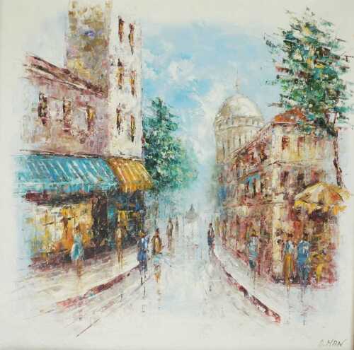 O Man (20thC). Continental landscape, figures on a street, oil on canvas, signed, 60cm x 59cm.