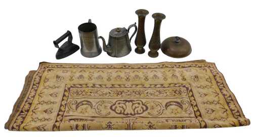 Various metalware, a double punting pewter tankard, flat iron, pair of brass vases, throw or rug,...