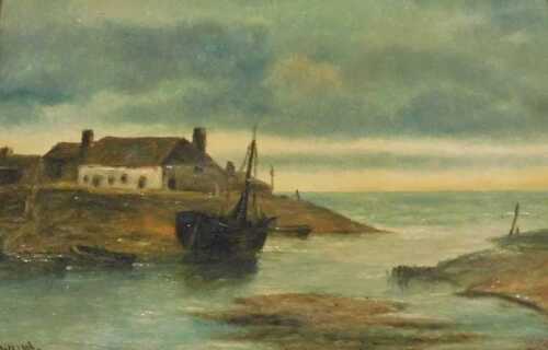 Thomas Whittle (1803-1887). Calm seascape, boat before cottage with calm sea in the distance,...