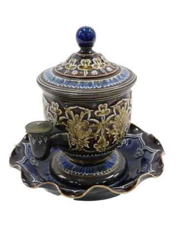 A 19thC Patent Reservoir Doulton Lambeth Isobath, the fixed lidded vessel, on a floral shaped...