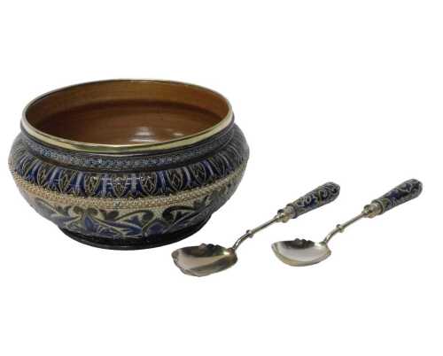 A late 19thC Doulton Lambeth matched salad serving set, comprising stoneware bowl, of circular...