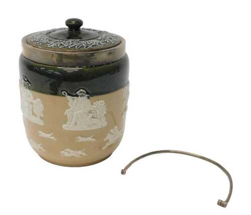 An early 20thC Doulton Lambeth pottery biscuit barrel, with plated swing handle and mount, of...