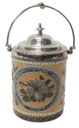 A late 19thC Doulton Lambeth stoneware biscuit barrel, with swing handle and hinged lid, the...