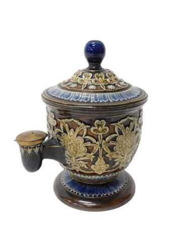 A 19thC Patent Reservoir Doulton Lambeth pottery Isobath inkwell, the fixed lidded vessel, marks...