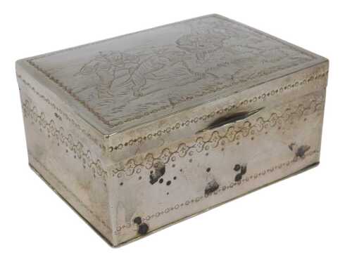 A George V silver and silver gilt box, of rectangular form, embossed with figure hunting, with a...