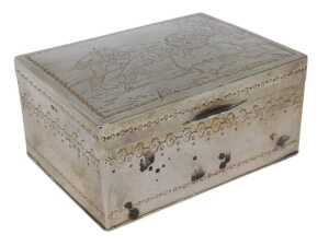 A George V silver and silver gilt box, of rectangular form, embossed with figure hunting, with a...