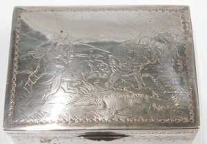 A George V silver and silver gilt box, of rectangular form, embossed with figure hunting, with a... - 2