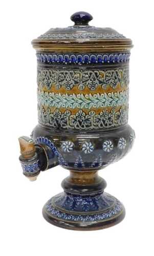 A 19thC Doulton Lambeth water filter, with compressed domed lid, the cylindrical body profusely...