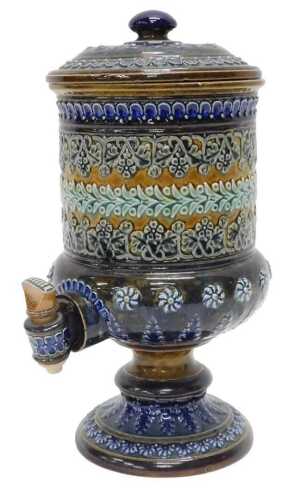 A late 19thC Doulton Lambeth stoneware water filter, the compressed domed lid and cylindrical...