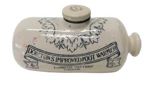A very late 19thC Doulton Lambeth Improved Foot Warmer stoneware vessel, of cylindrical form...