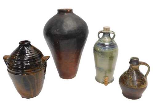 Various studio pottery and effects, a part glazed Earthenware vase, of shouldered circular...
