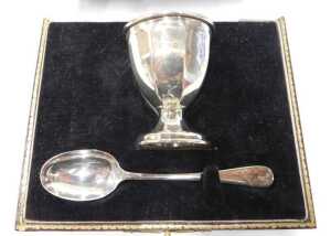 A George V silver miniature trophy, with plain shaped handles, inverted egg shaped body, and... - 2