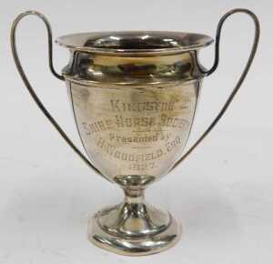 A George V silver miniature trophy, with plain shaped handles, inverted egg shaped body, and... - 6