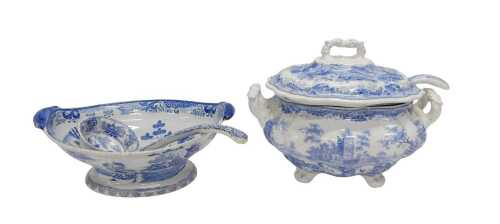 A 19thC pearlware serving dish, of ellipse form with moulded handles, on an oval foot, with...