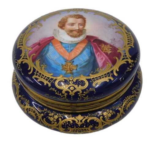 An early 19thC Sevres porcelain box, of circular form, the hinged lid expertly decorated with a...