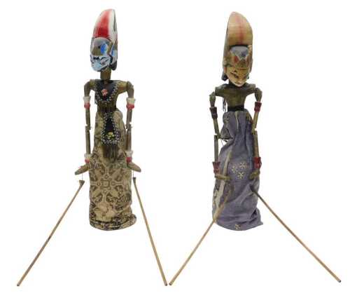 Two vintage Wayang Golek hand carved and painted rod puppets, possibly Bali, each in standing...