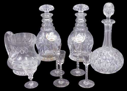 Various glassware, a pair of Regency style mallet shaped decanters, each with compressed...