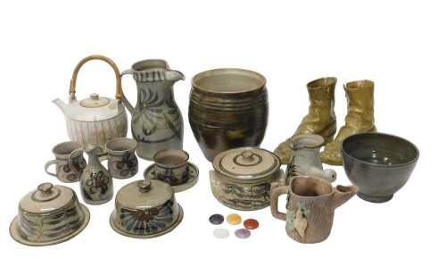 Various studio pottery and effects, a pair of pottery boot ornaments, 21cm high, various jugs,...