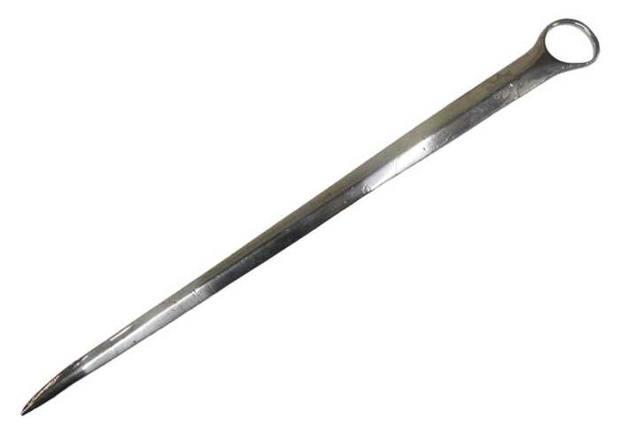A George III meat skewer, of plain form, with compressed circular top, crested, by Henry Nutting,...