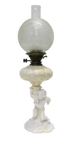 A 19thC Copelands porcelain table lamp, with clear frosted funnel, frosted and clear glass shade,...
