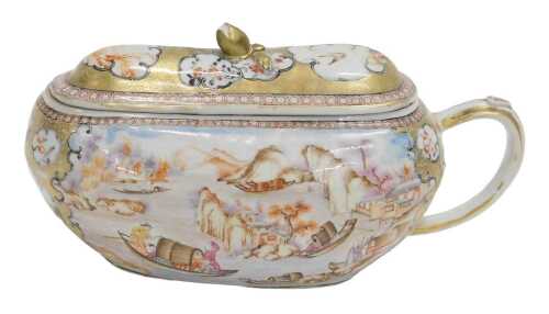 An 18thC Chinese porcelain armorial bourdaloue, with cover, the main body of slipper shaped form,...