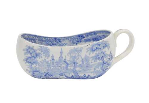 A 19thC Davenport pottery bourdaloue, with slipper shaped body and shaped handle, transfer...