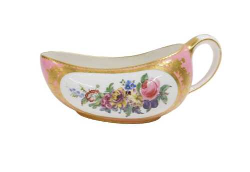A 19thC Sevres porcelain bourdaloue, with gilt highlighted handle and slipper shaped body, hand...