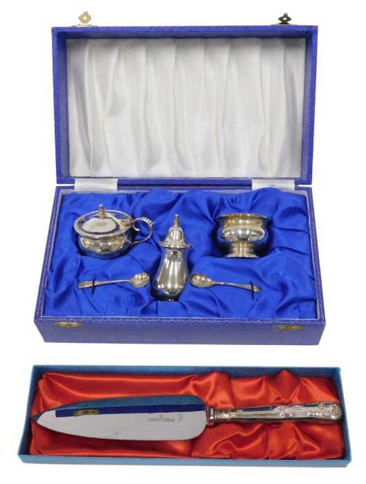 An Elizabeth II silver cruet set, comprising mustard pot, open salt, pepper pot and two spoons,...