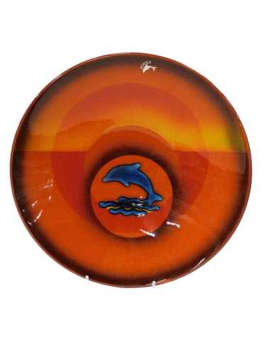 A Poole Delphis plate, of rectangular form, decorated with dolphin in orange and yellow, 27cm...